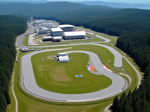 Aerial view of a race track with several cars, complex layout.