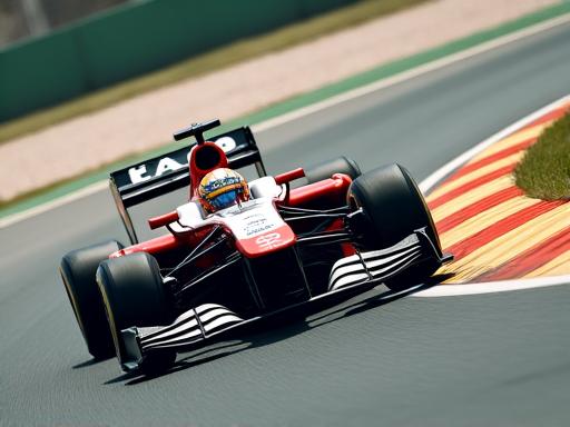 Race car cornering at high speed, dramatic lighting.