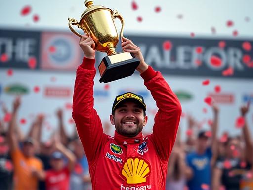 Winning driver raising trophy on the podium, confetti falling.