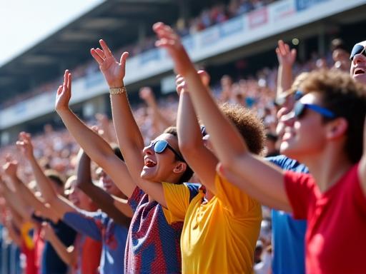 Fans cheering excitedly in the stands, dynamic atmosphere.