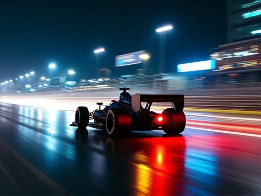 Formula race car under floodlights at a night race, streaks of light.