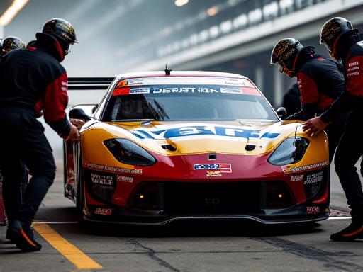 Pit crew in synchronized action during a rapid tire change.