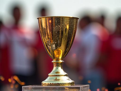 Close-up of the winning trophy on the podium, team celebrating in background.