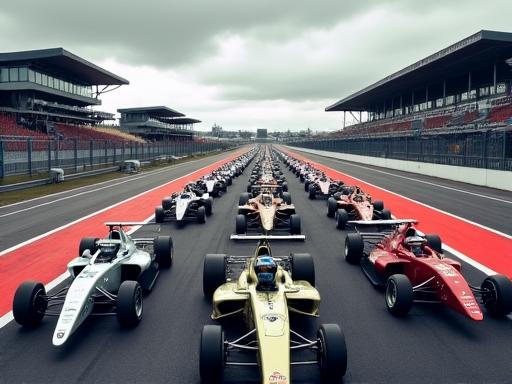 Cars lined up on the starting grid, powerful engines ready.
