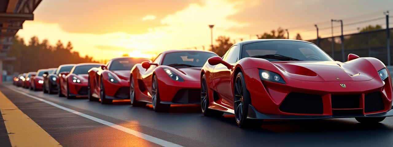 A lineup of high-performance racing cars on a starting grid, ready for action.